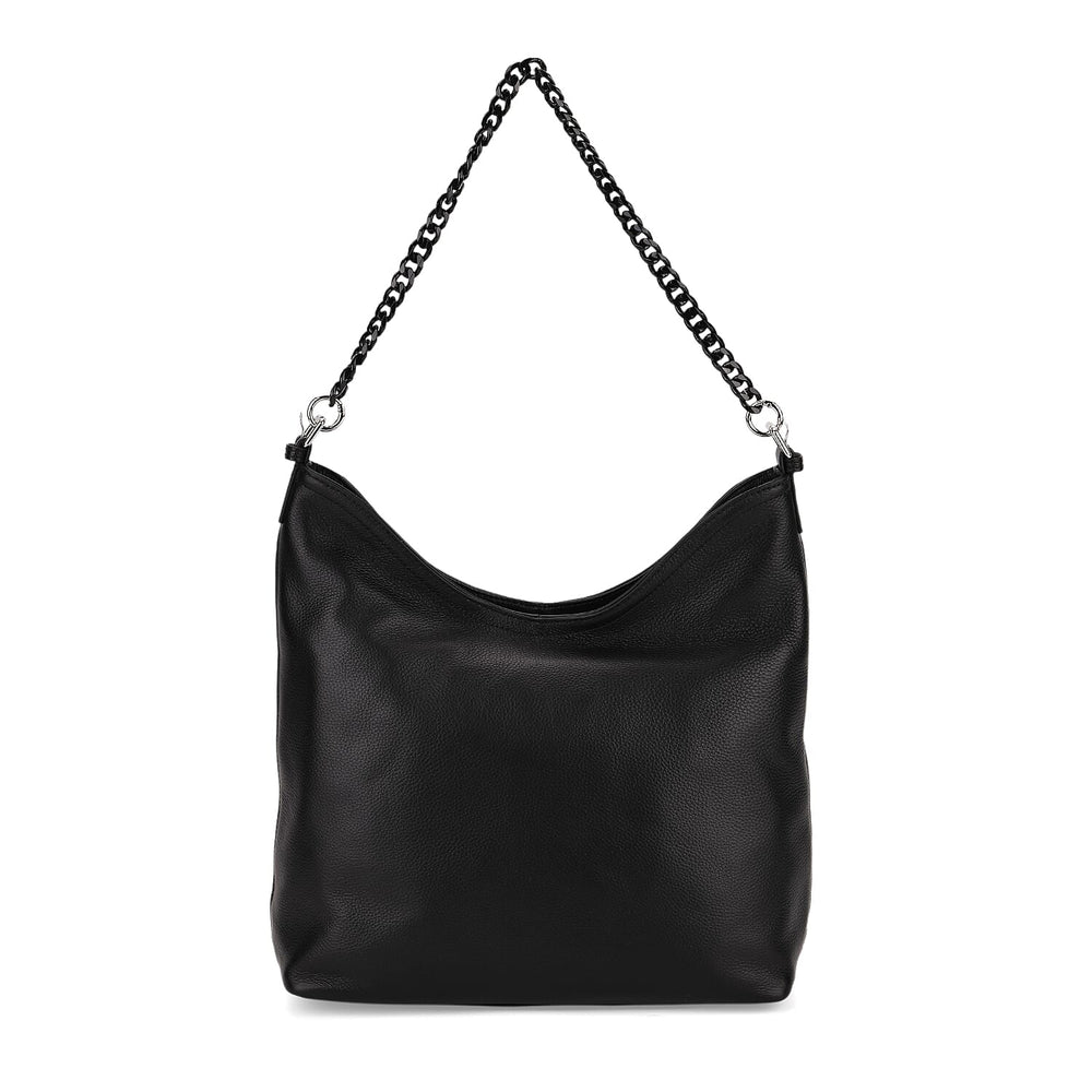 Genuine Leather Slouchy Shoulder Bag - Black