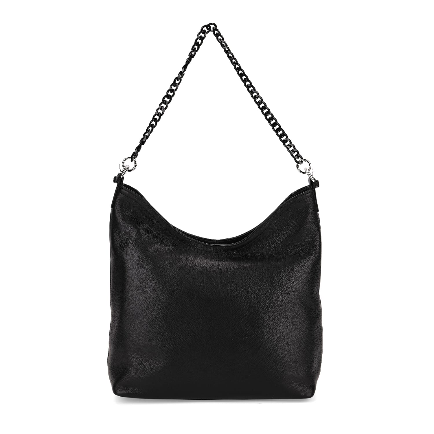 Genuine Leather Slouchy Shoulder Bag - Black