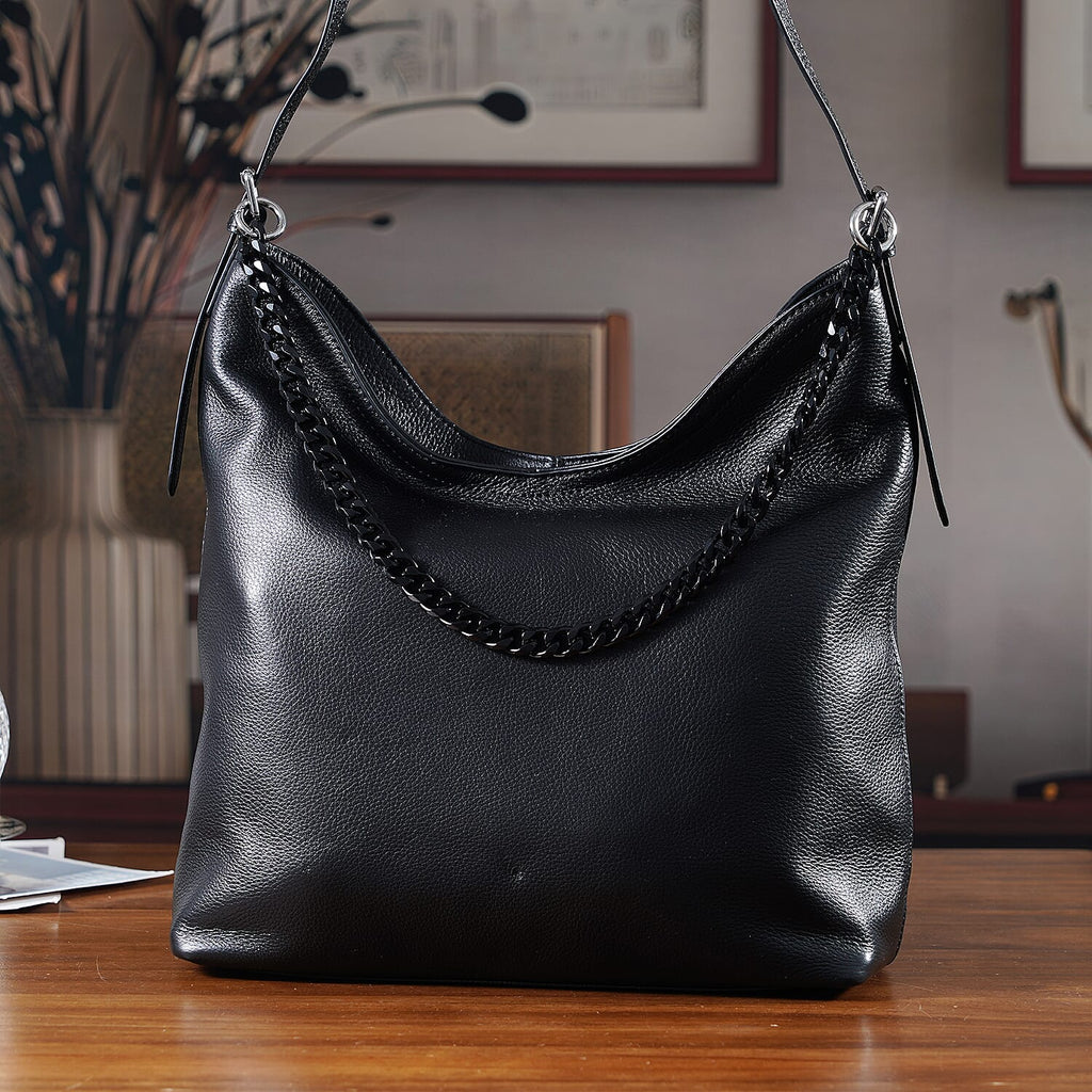 Genuine Leather Slouchy Shoulder Bag - Black
