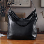 Genuine Leather Slouchy Shoulder Bag - Black