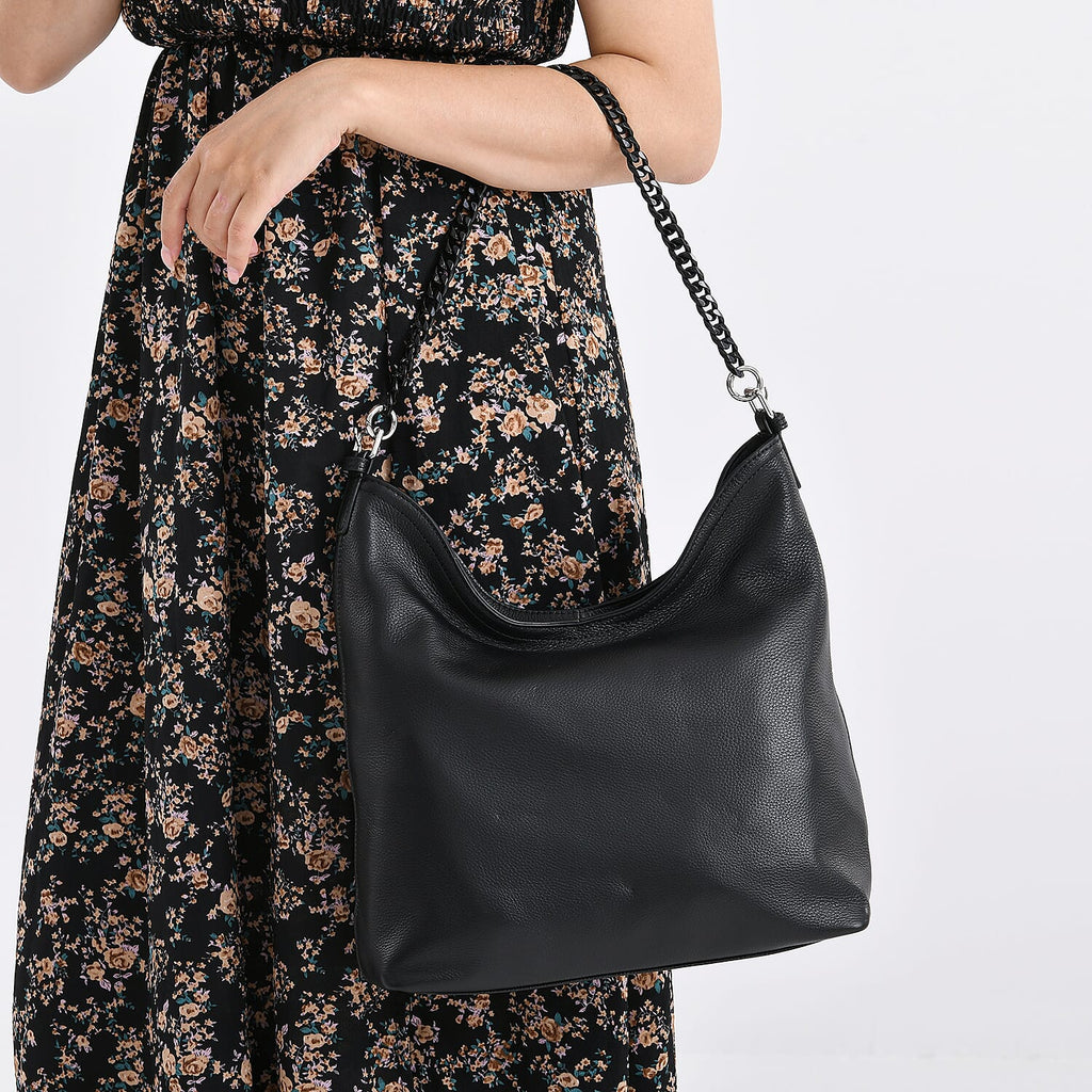 Genuine Leather Slouchy Shoulder Bag - Black