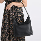 Genuine Leather Slouchy Shoulder Bag - Black
