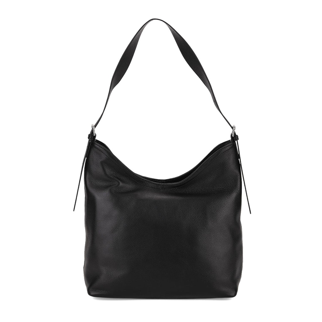 Genuine Leather Slouchy Shoulder Bag - Black