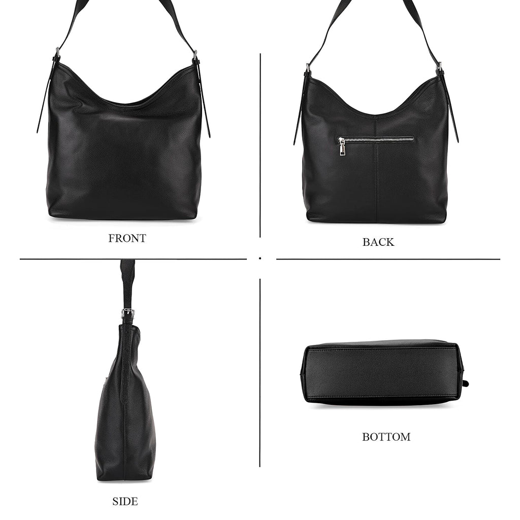 Genuine Leather Slouchy Shoulder Bag - Black