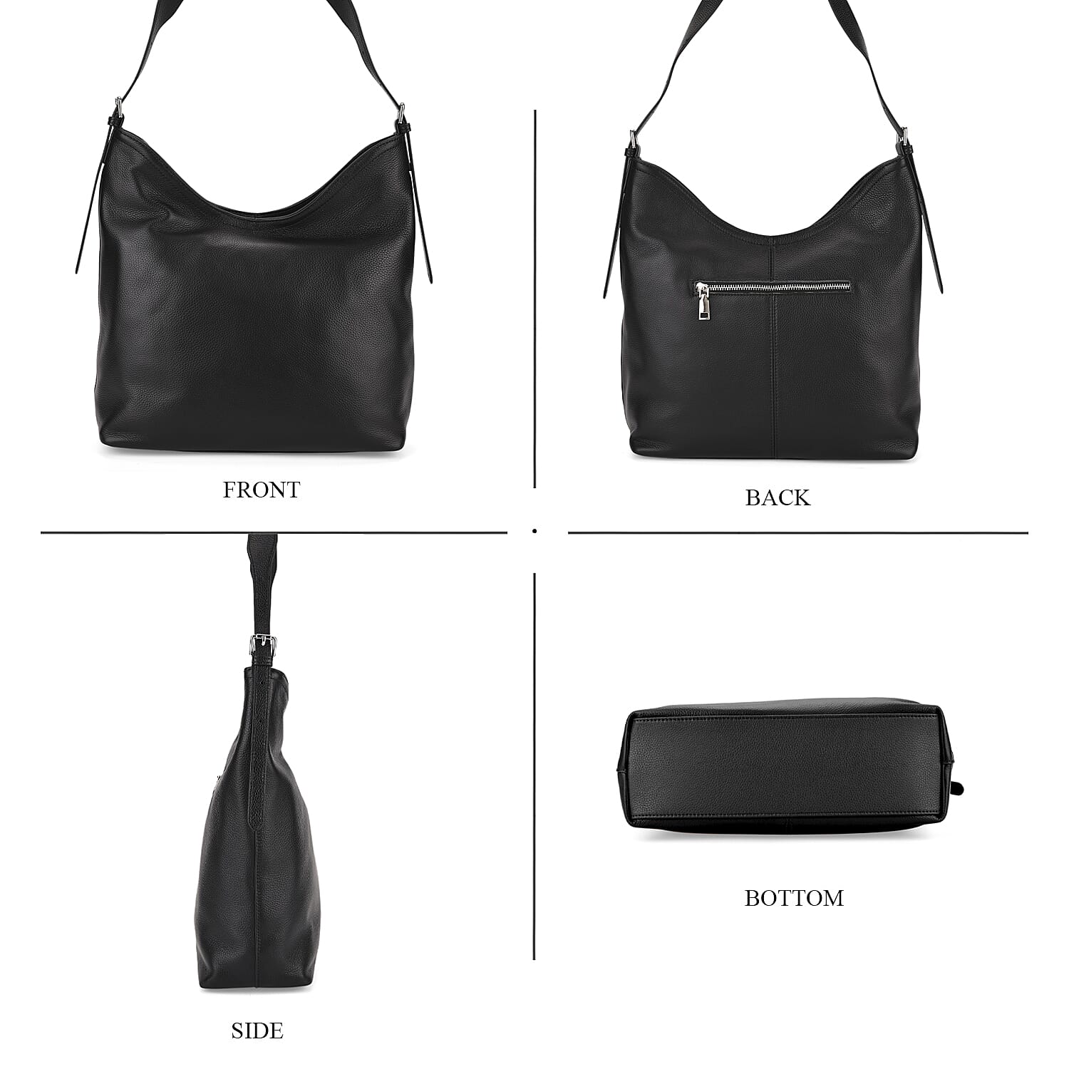 Genuine Leather Slouchy Shoulder Bag - Black