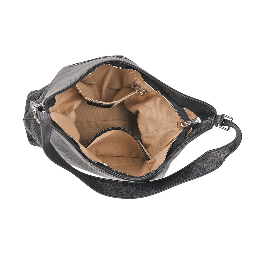 Genuine Leather Slouchy Shoulder Bag - Black