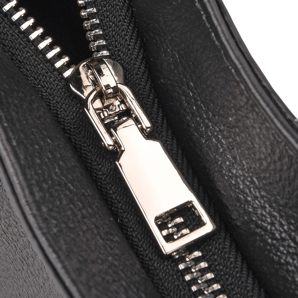 Genuine Leather Slouchy Shoulder Bag - Black