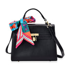Kelly-Style Shoulder Bag with Scarf Accent & Adjustable Strap - Black