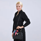 Kelly-Style Shoulder Bag with Scarf Accent & Adjustable Strap - Black