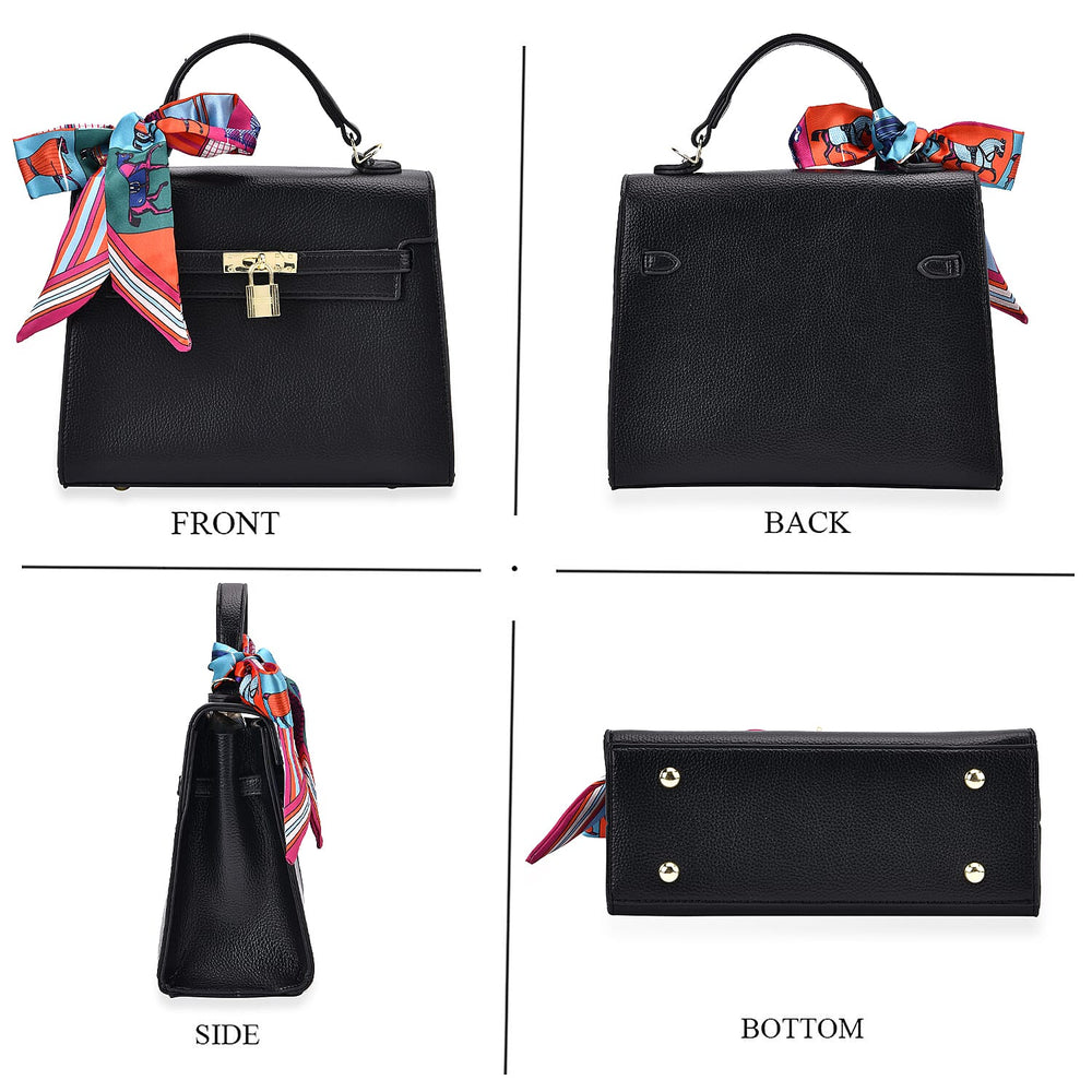 Kelly-Style Shoulder Bag with Scarf Accent & Adjustable Strap - Black