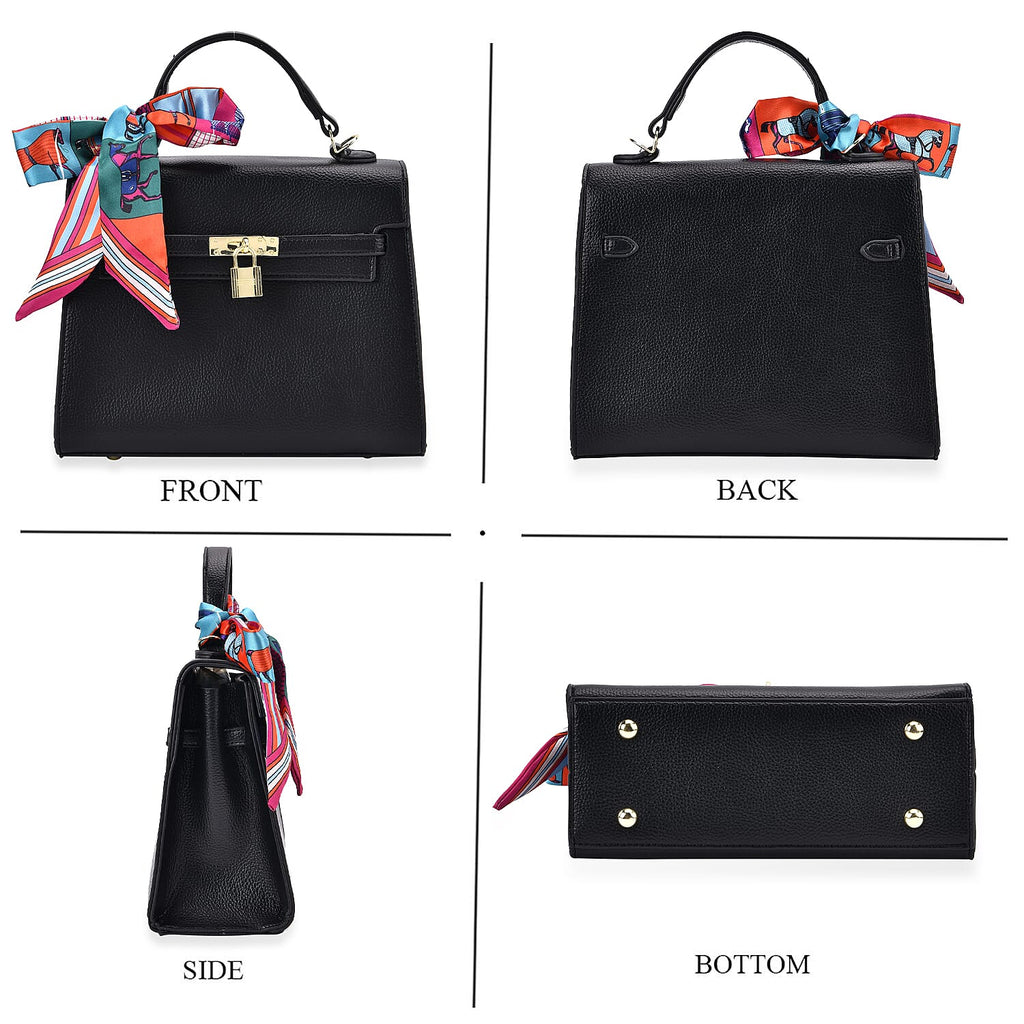 Kelly-Style Shoulder Bag with Scarf Accent & Adjustable Strap - Black