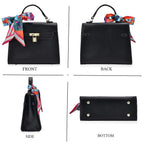 Kelly-Style Shoulder Bag with Scarf Accent & Adjustable Strap - Black