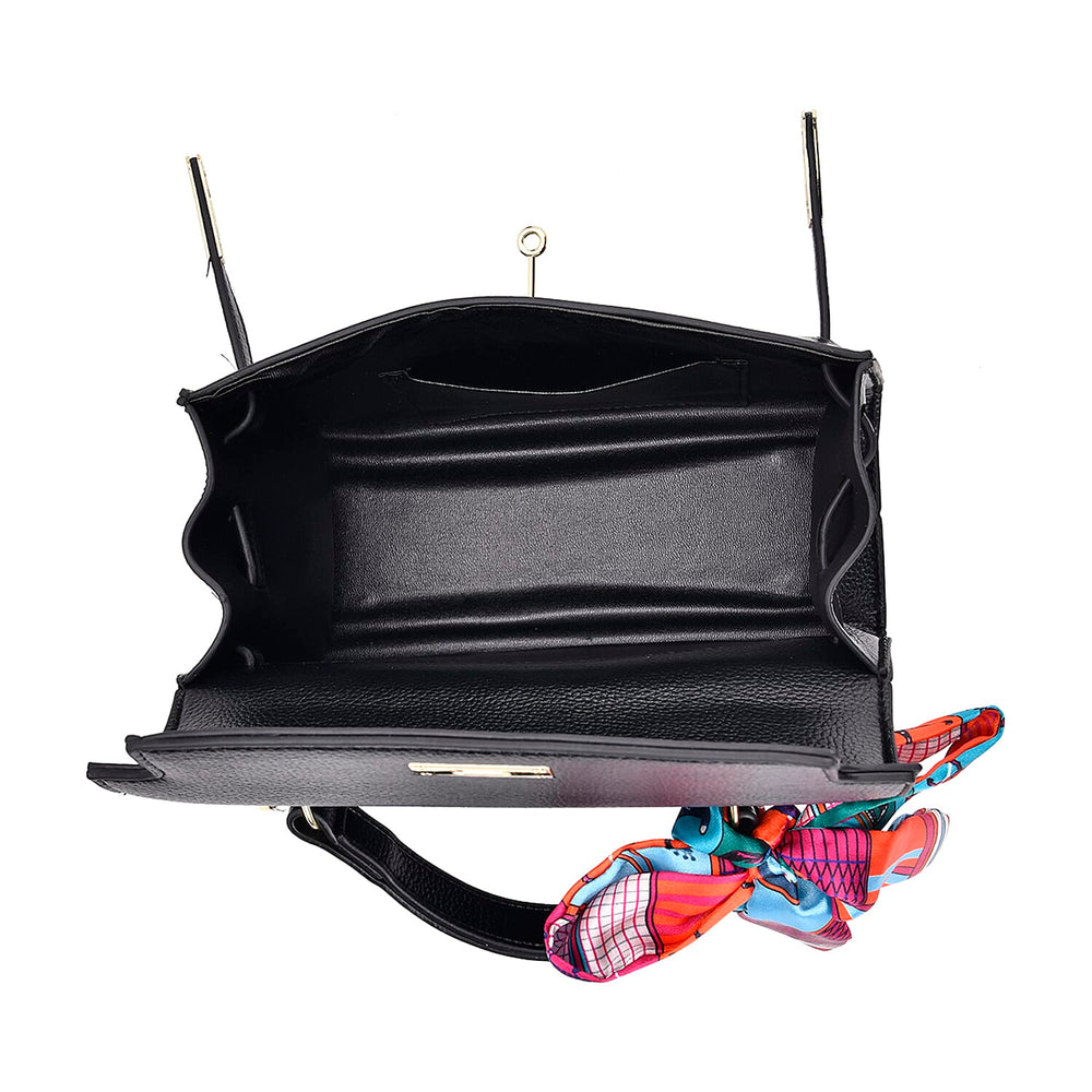 Kelly-Style Shoulder Bag with Scarf Accent & Adjustable Strap - Black