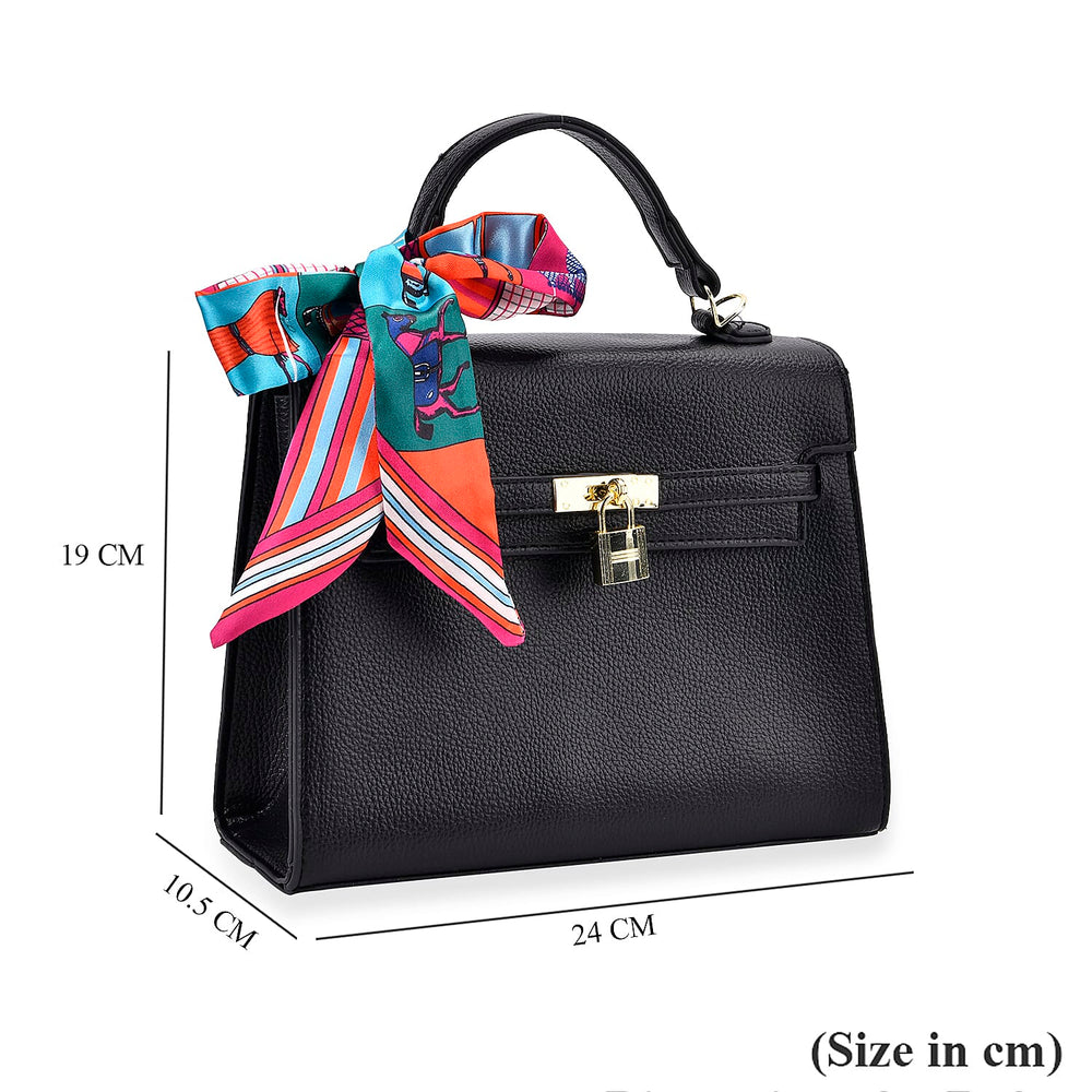 Kelly-Style Shoulder Bag with Scarf Accent & Adjustable Strap - Black