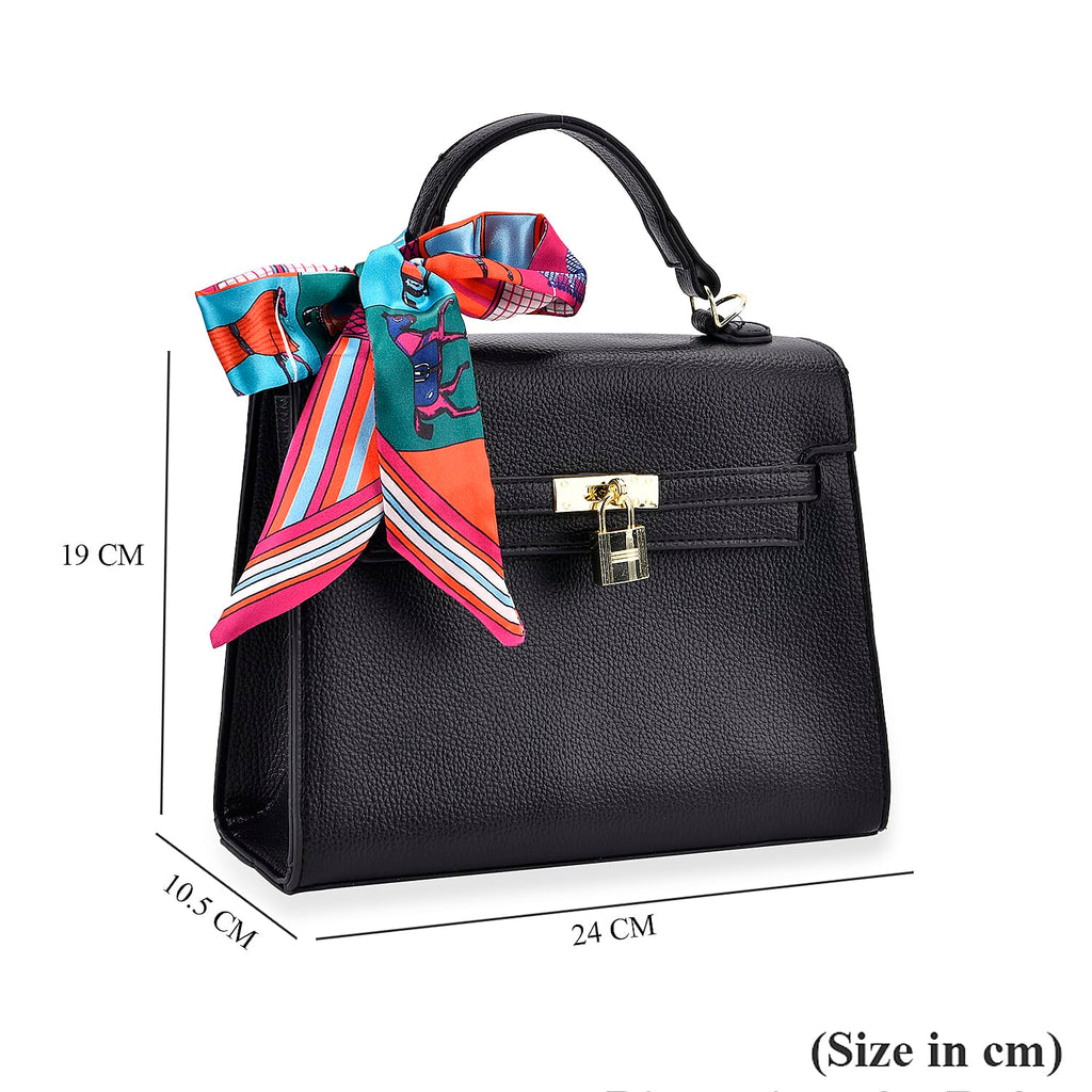 Kelly-Style Shoulder Bag with Scarf Accent & Adjustable Strap - Black