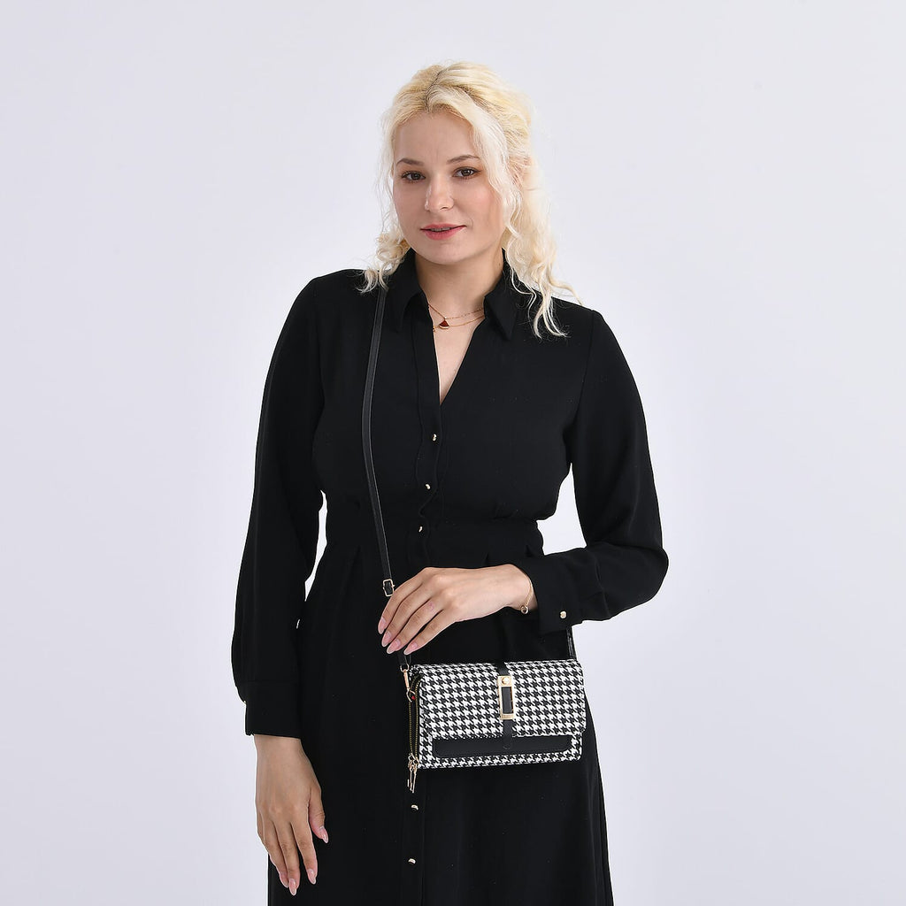 Designer Inspired - Houndstooth Pattern Crossbody Bag - Black - White
