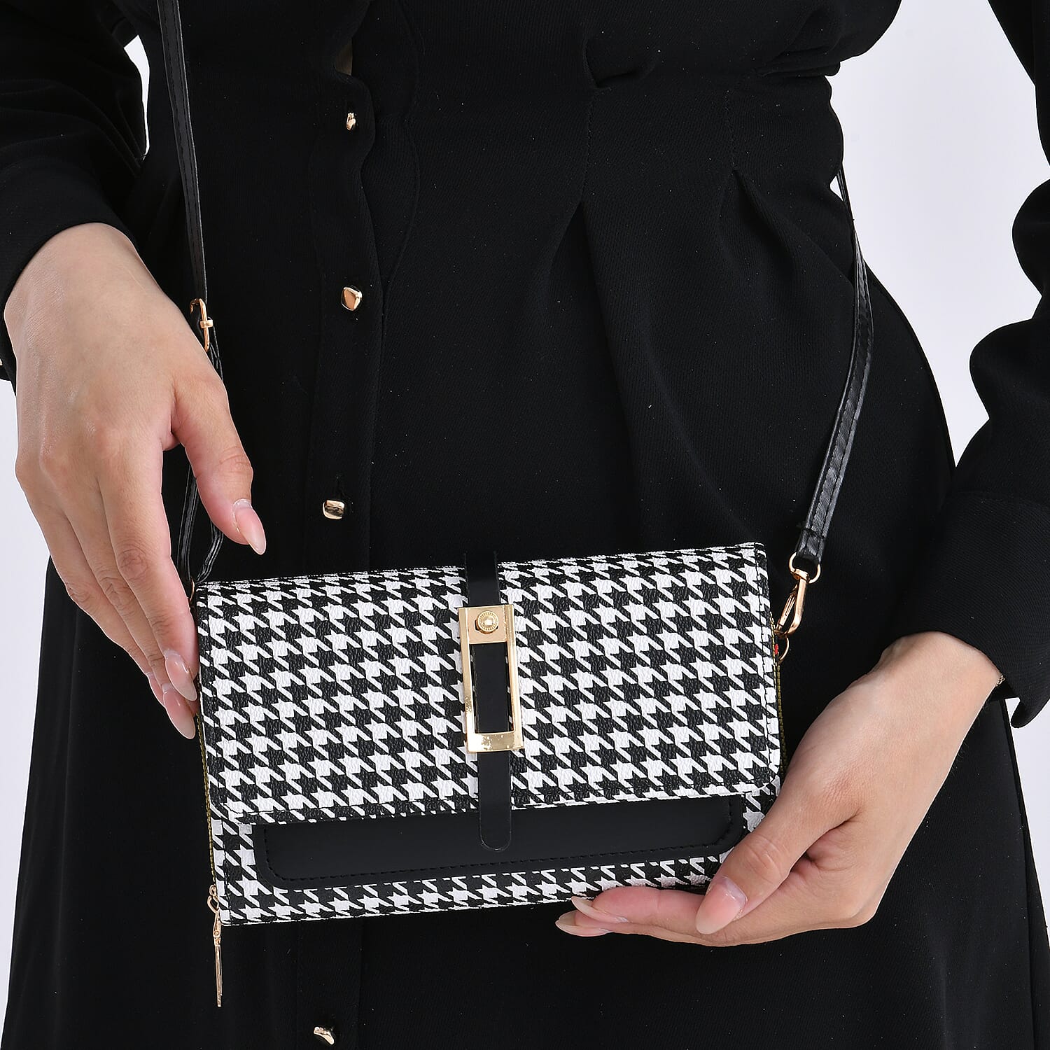 Designer Inspired - Houndstooth Pattern Crossbody Bag - Black - White