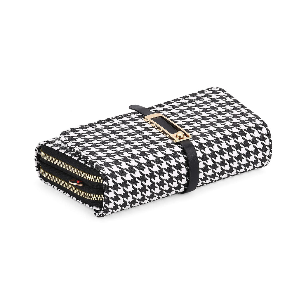 Designer Inspired - Houndstooth Pattern Crossbody Bag - Black - White