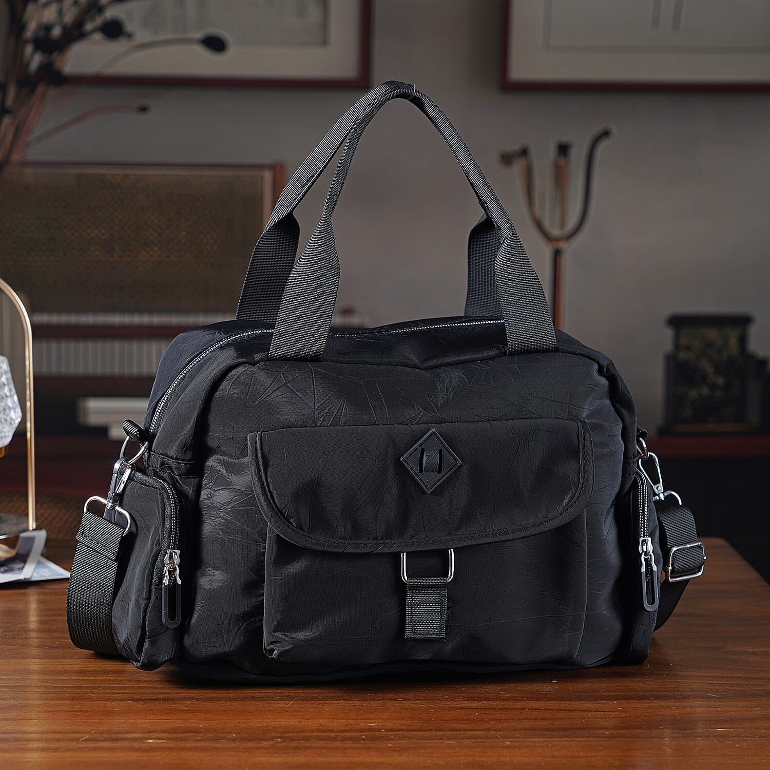 Multi-Pocket Handbag with Crossbody Strap (120 cm) - Black