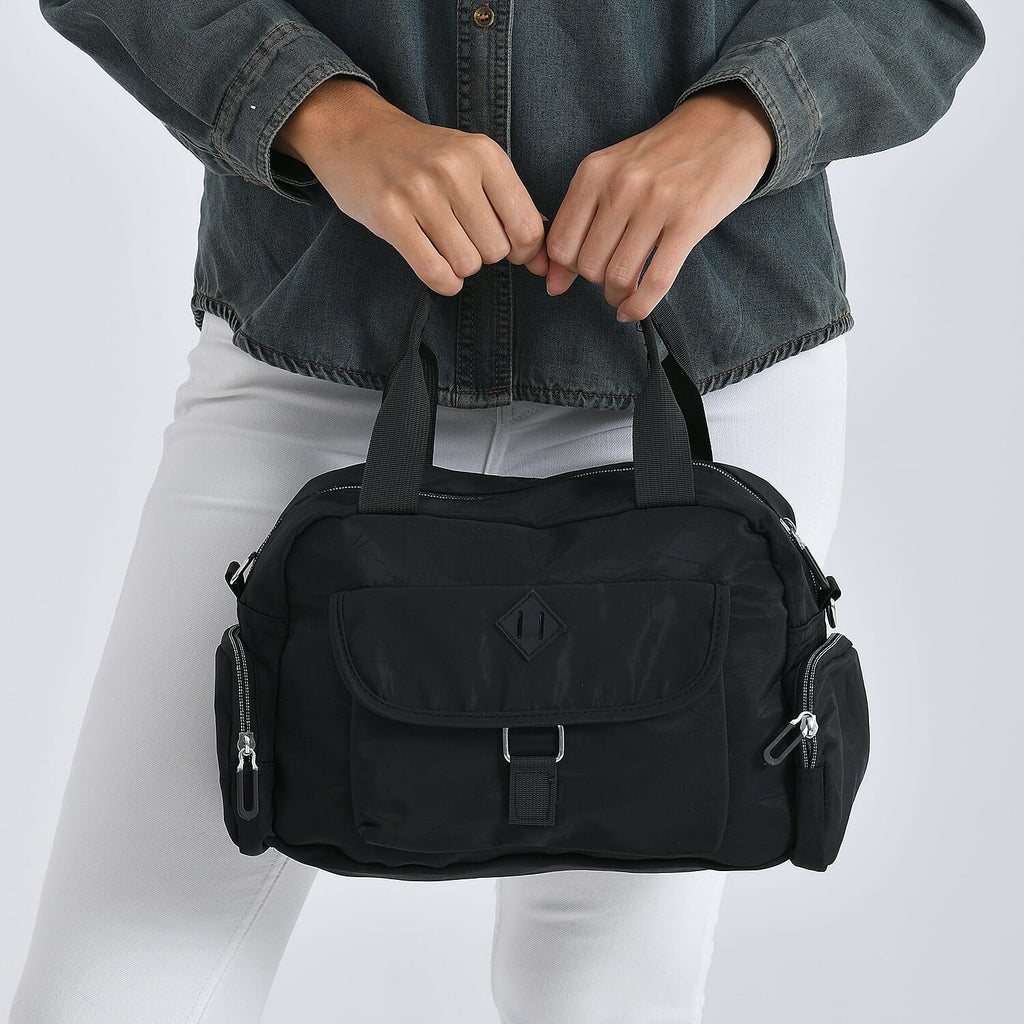 Multi-Pocket Handbag with Crossbody Strap (120 cm) - Black