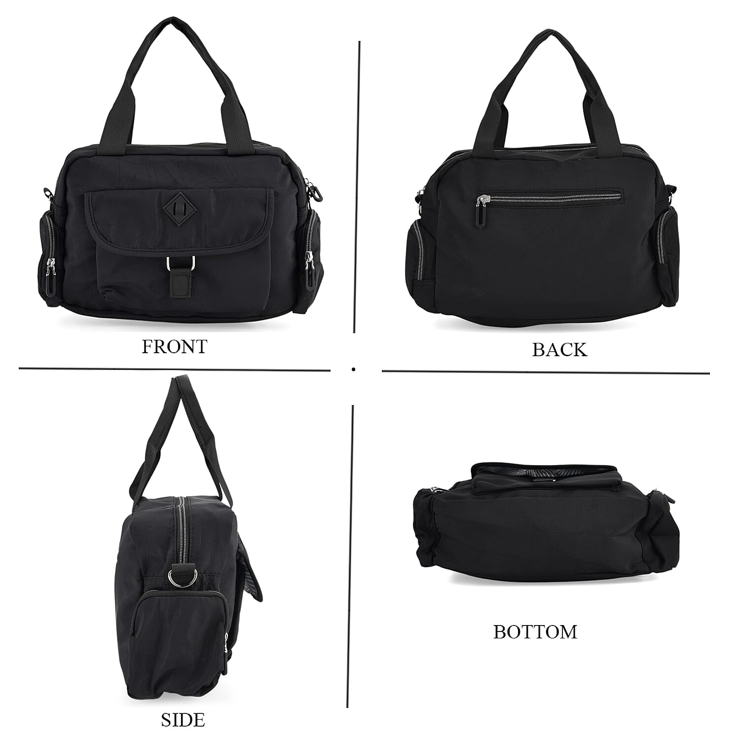 Multi-Pocket Handbag with Crossbody Strap (120 cm) - Black