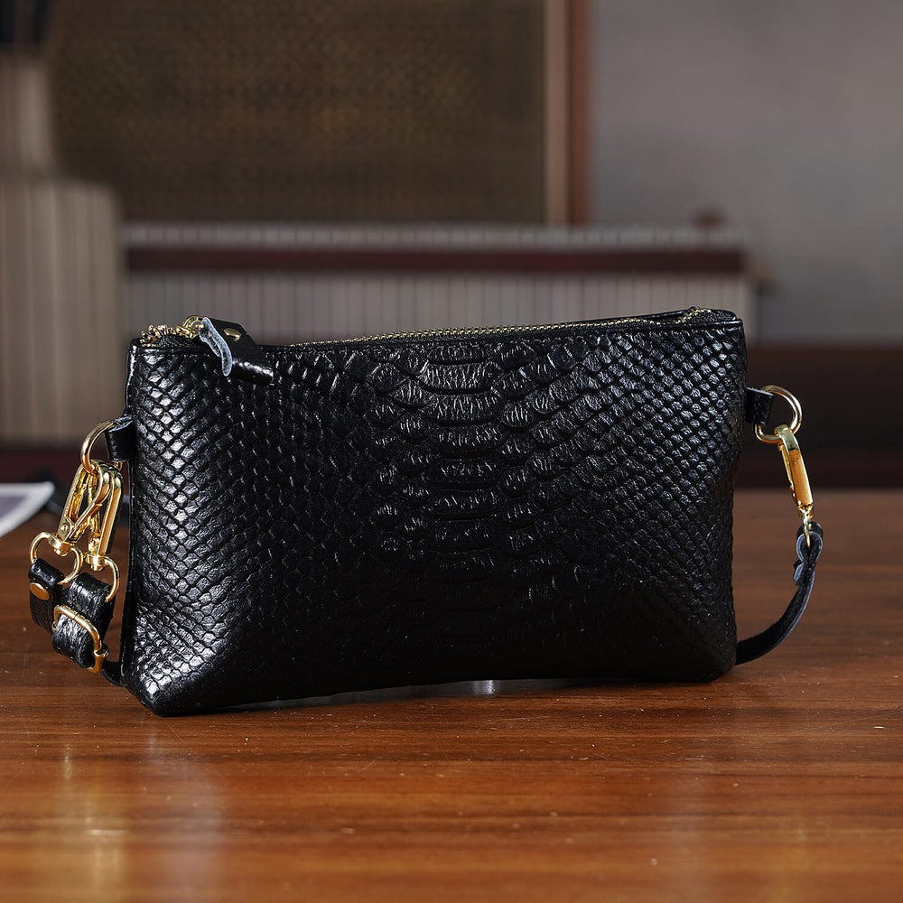 Genuine Leather Sling Bag with Detachable Strap (140 cm) - Black