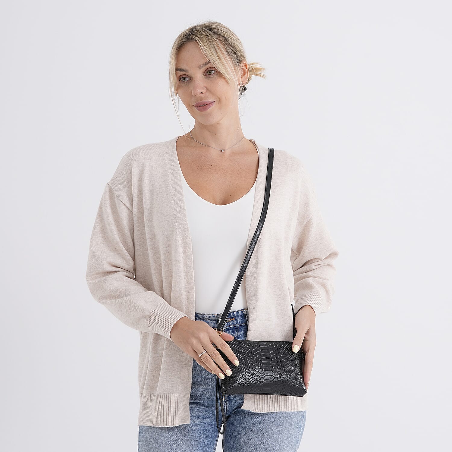 Genuine Leather Sling Bag with Detachable Strap (140 cm) - Black