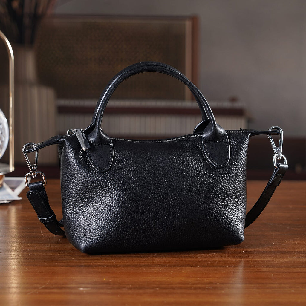 Designer Inspired Genuine Leather Mini Crossbody Bag with Top Handle - Black