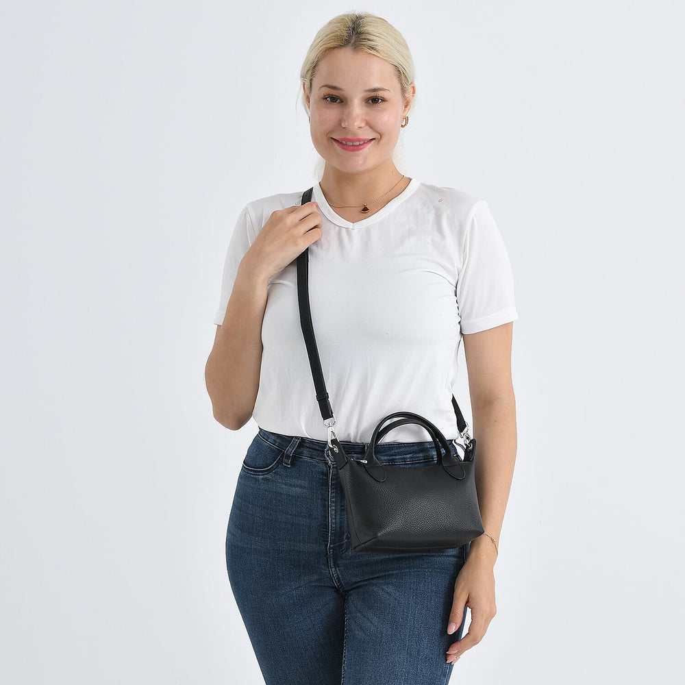 Designer Inspired Genuine Leather Mini Crossbody Bag with Top Handle - Black