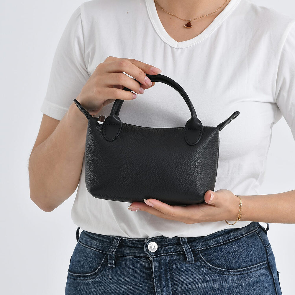 Designer Inspired Genuine Leather Mini Crossbody Bag with Top Handle - Black