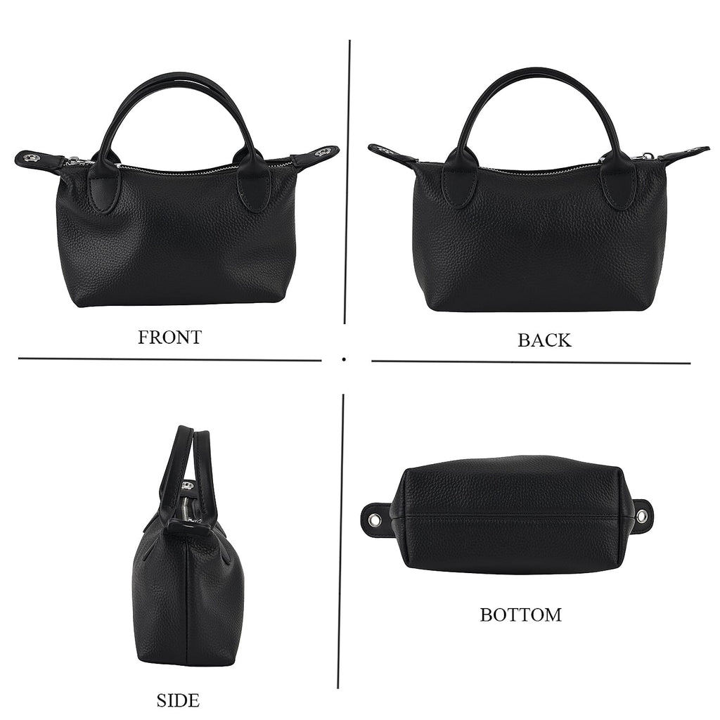 Designer Inspired Genuine Leather Mini Crossbody Bag with Top Handle - Black