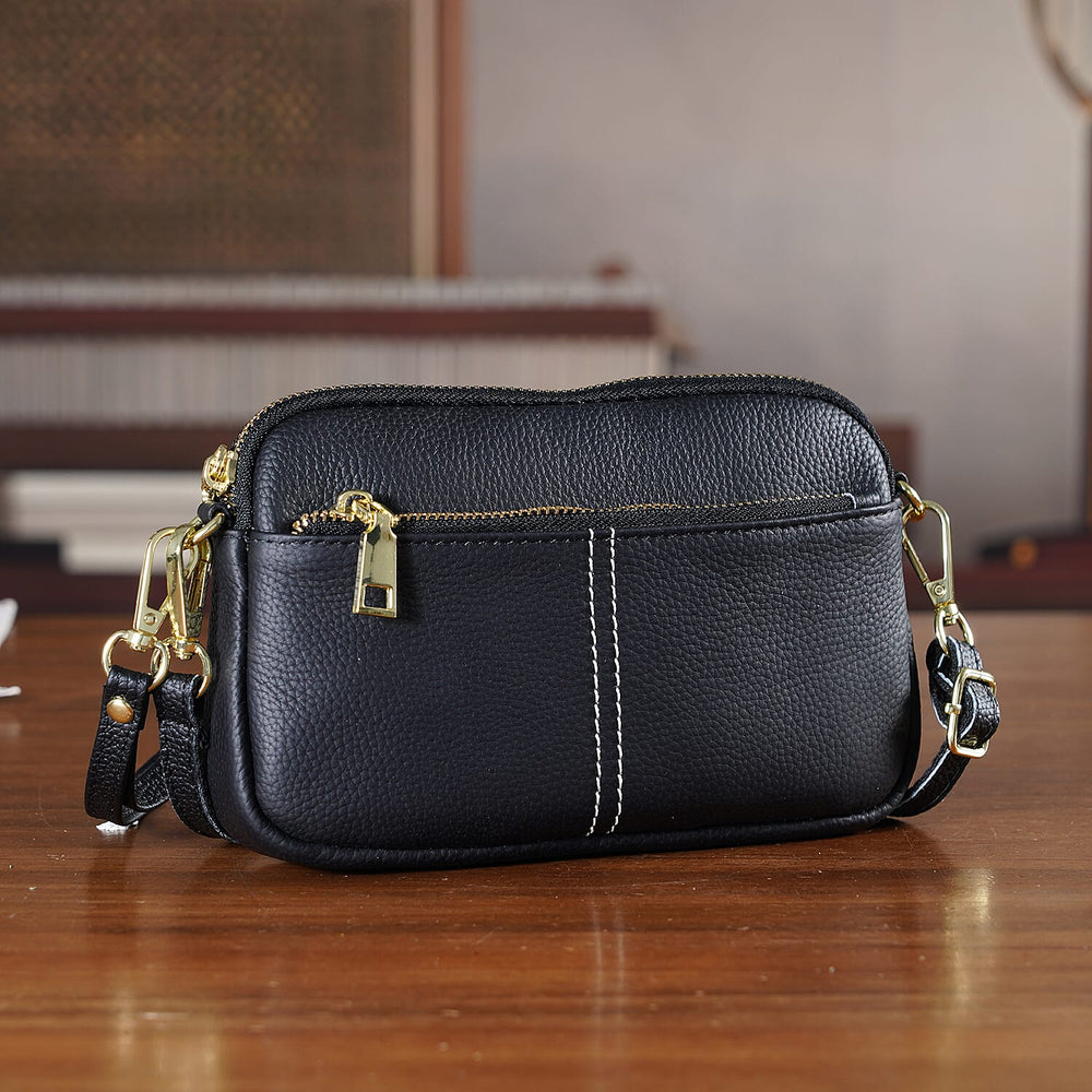 100% Genuine Leather Designer Minimalist Sling Shoulder Bag -  Black