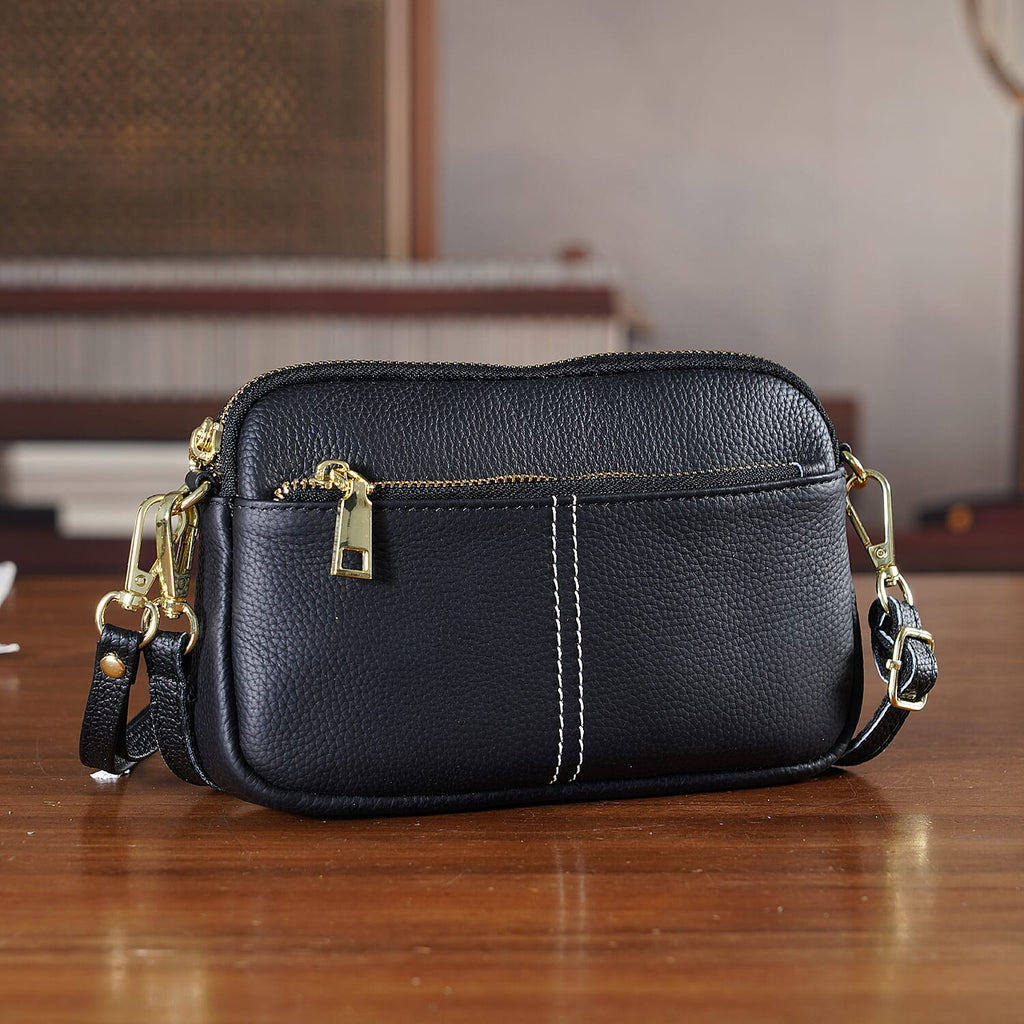 100% Genuine Leather Designer Minimalist Sling Shoulder Bag -  Black