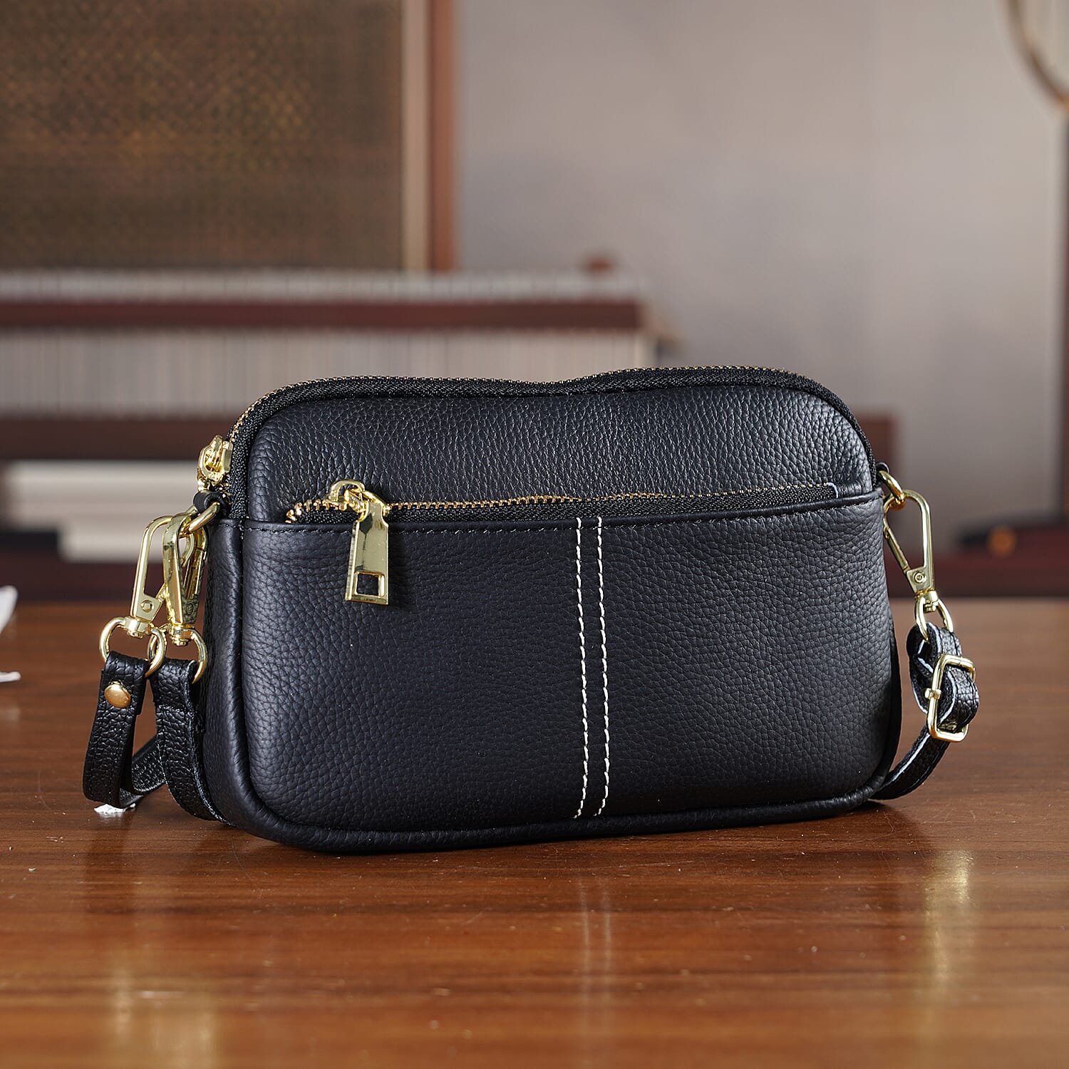 100% Genuine Leather Designer Minimalist Sling Shoulder Bag -  Black