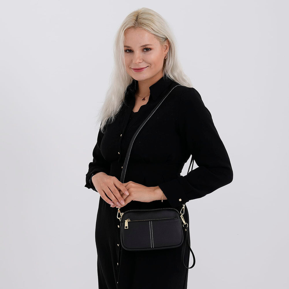 100% Genuine Leather Designer Minimalist Sling Shoulder Bag -  Black