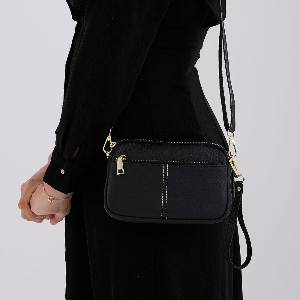 100% Genuine Leather Designer Minimalist Sling Shoulder Bag -  Black