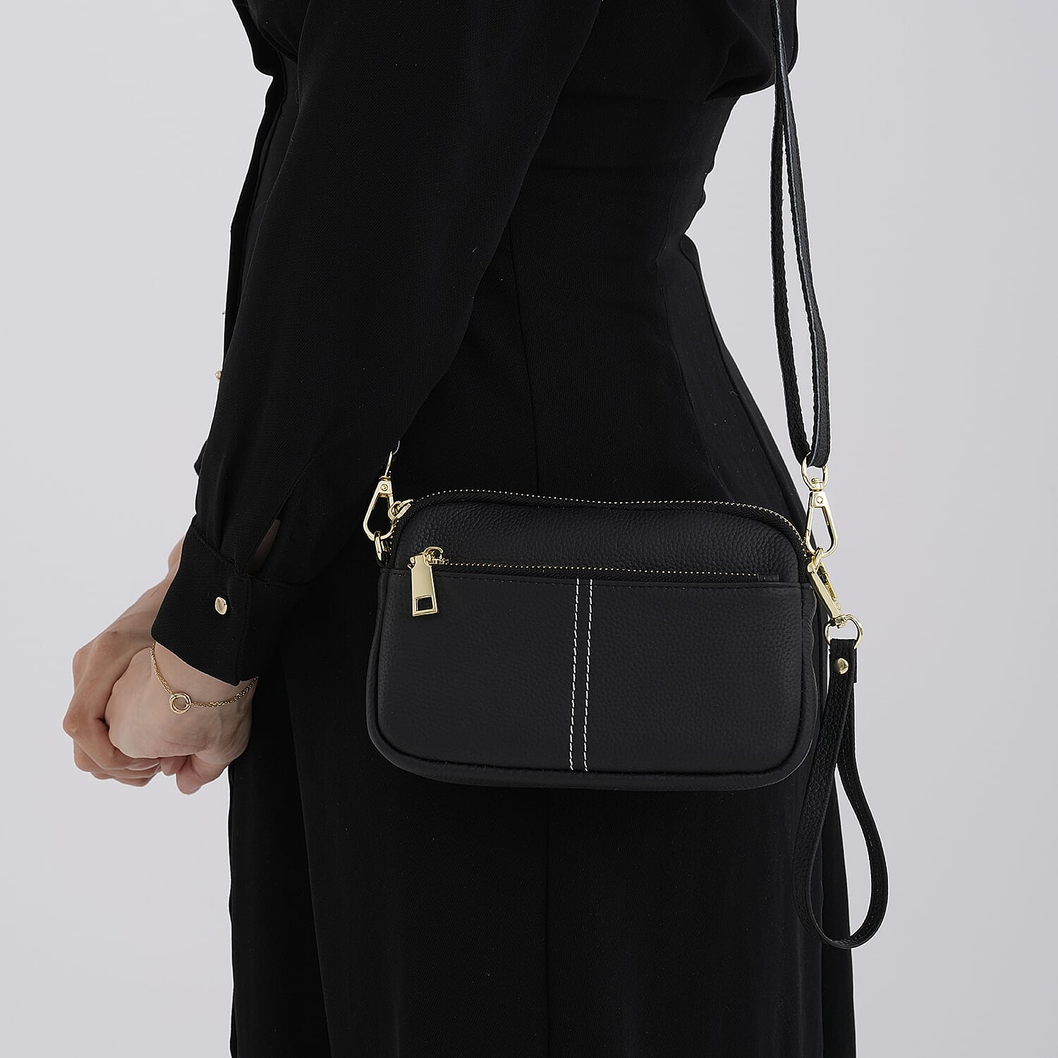 100% Genuine Leather Designer Minimalist Sling Shoulder Bag -  Black