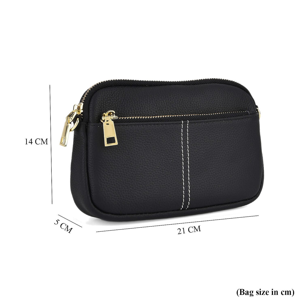 100% Genuine Leather Designer Minimalist Sling Shoulder Bag -  Black