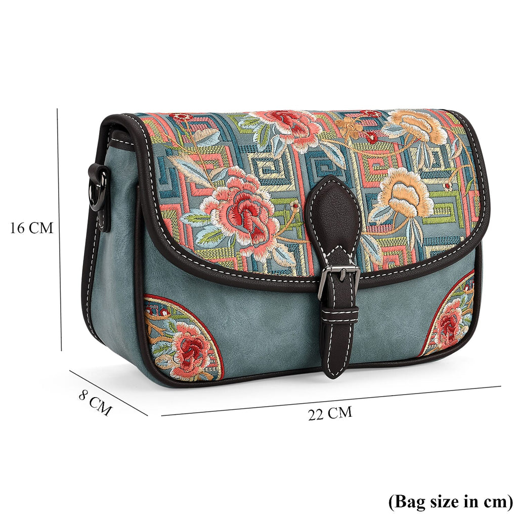 Floral Embroidered Sling Crossbody Bag - Blue