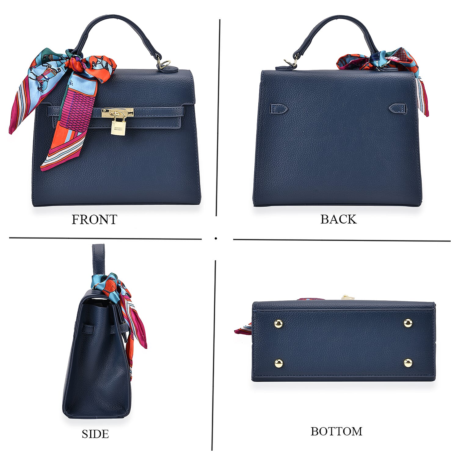 Kelly-Style Shoulder Bag with Scarf Accent & Adjustable Strap - Blue