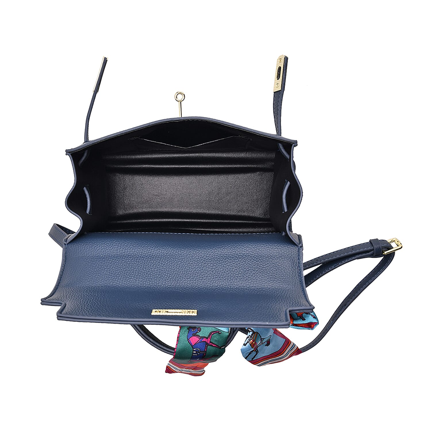Kelly-Style Shoulder Bag with Scarf Accent & Adjustable Strap - Blue