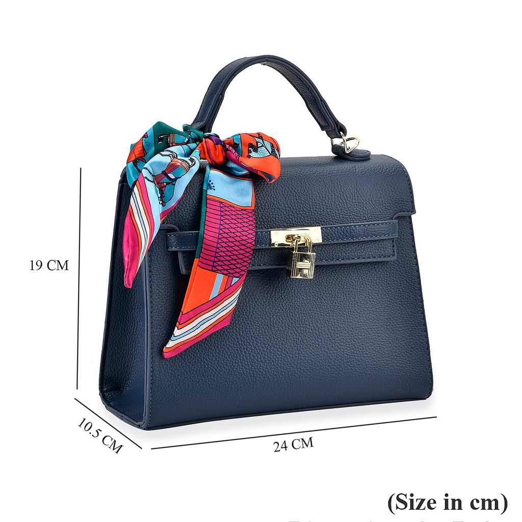 Kelly-Style Shoulder Bag with Scarf Accent & Adjustable Strap - Blue