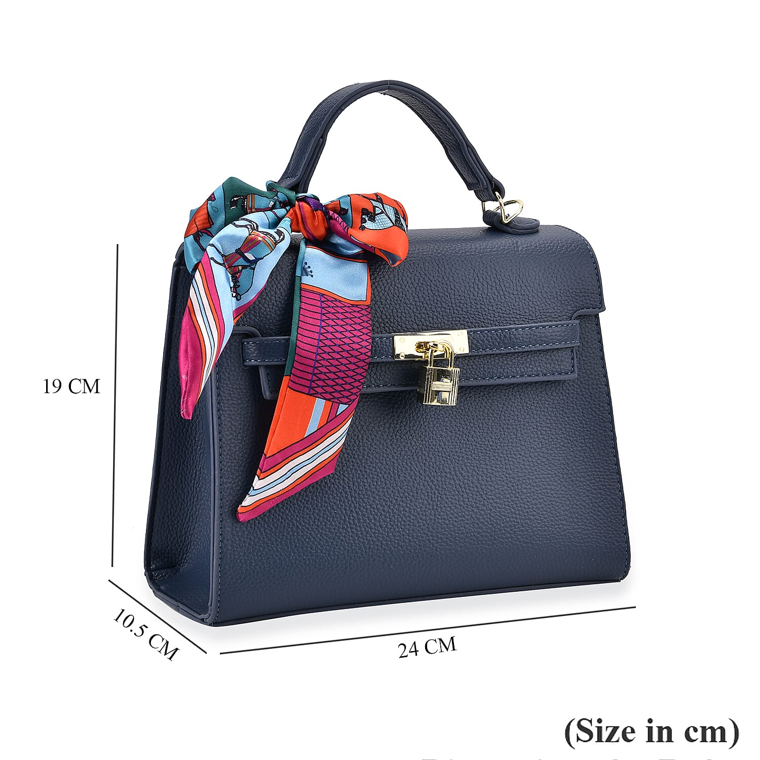 Kelly-Style Shoulder Bag with Scarf Accent & Adjustable Strap - Blue