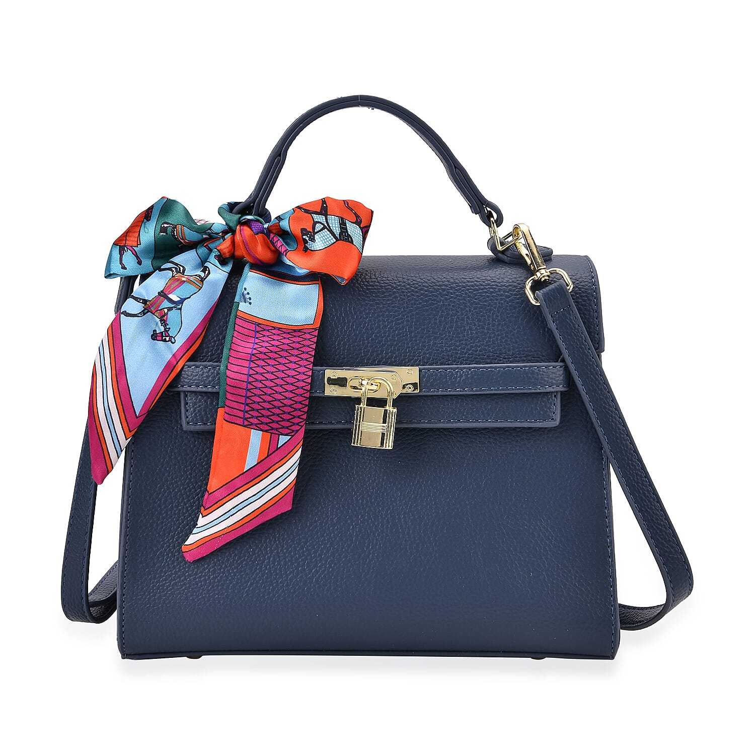 Elegant Crossbody Bag with Scarf & Adjustable Strap - Blue