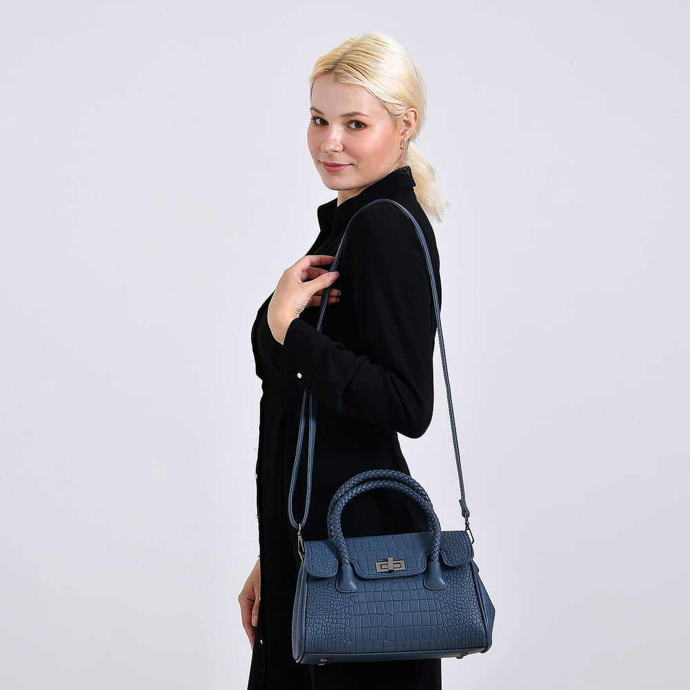 Croc Embossed Crossbody Bag with Lock & Top Handle - Blue