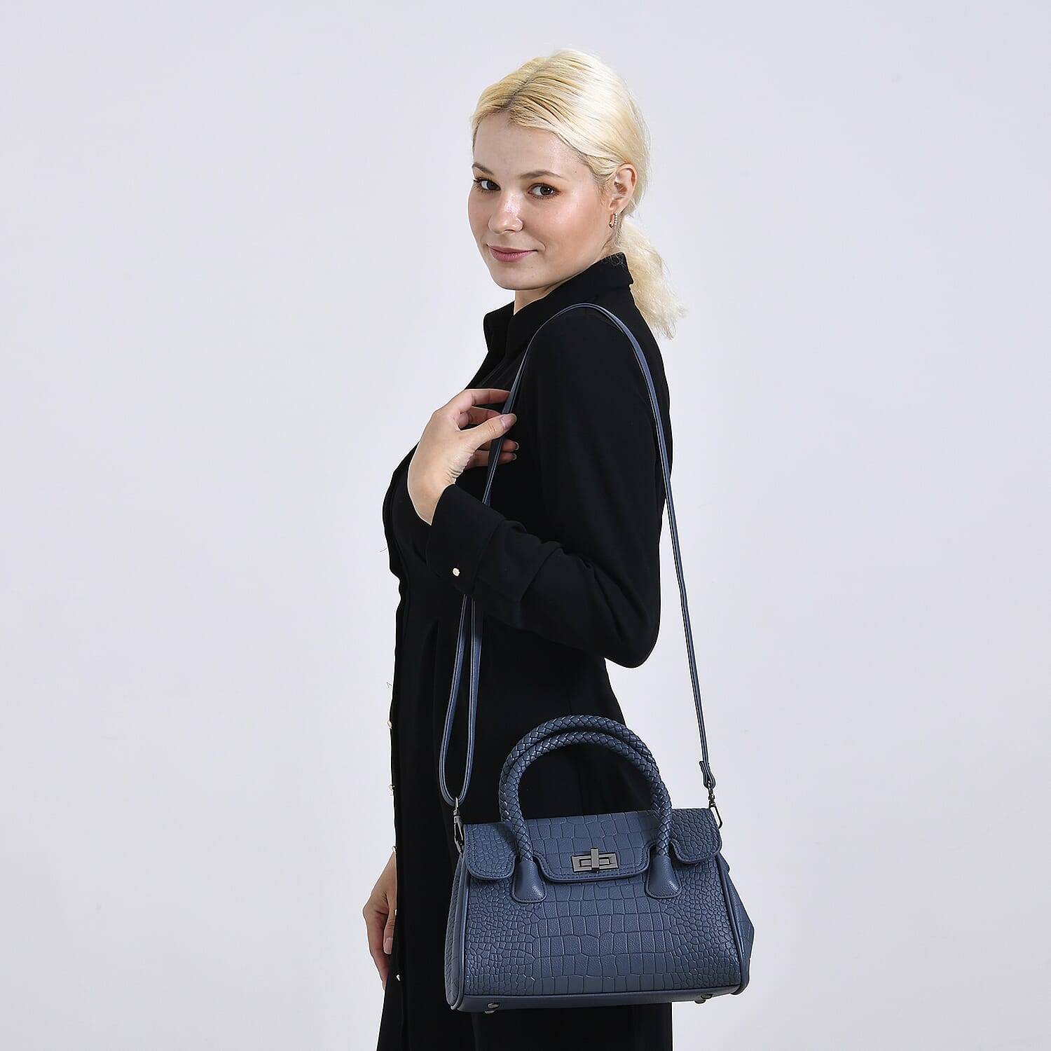 Croc Embossed Crossbody Bag with Lock & Top Handle - Blue