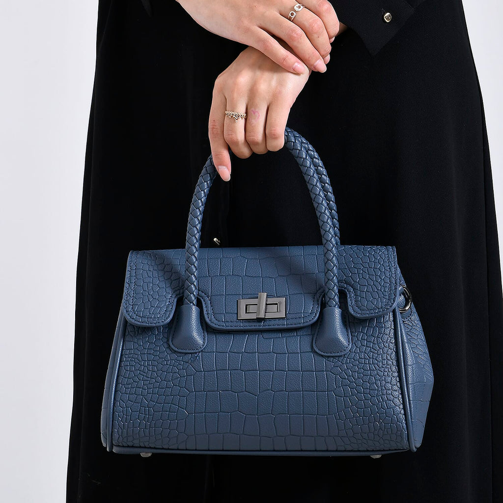 Croc Embossed Crossbody Bag with Lock & Top Handle - Blue
