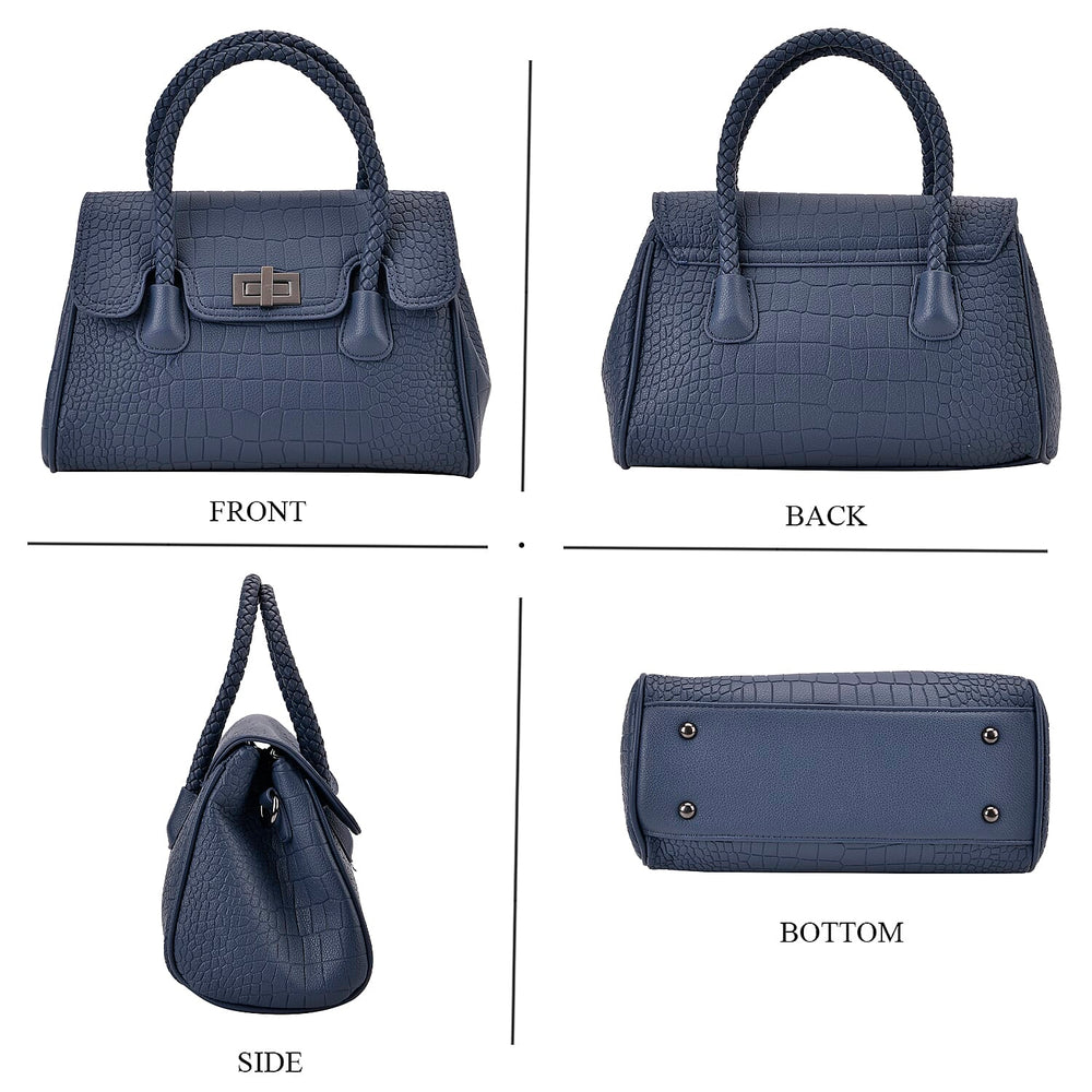 Croc Embossed Crossbody Bag with Lock & Top Handle - Blue