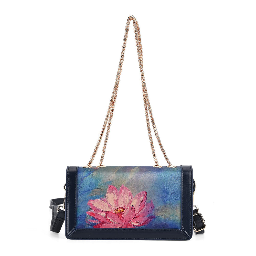 Where Artisans Give Silk a Soul - Limited Edition - Genuine Leather Crossbody Bag with Mulberry Silk Art - Blue - Pink