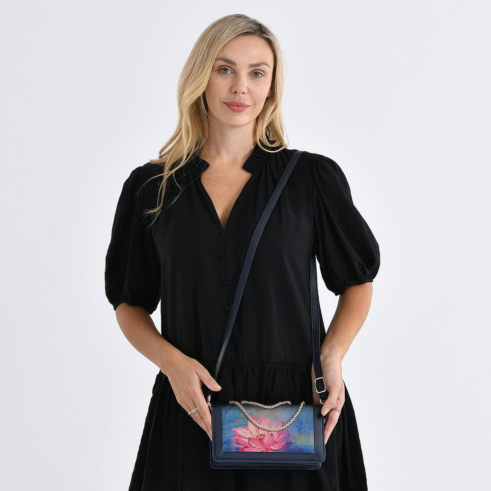Where Artisans Give Silk a Soul - Limited Edition - Genuine Leather Crossbody Bag with Mulberry Silk Art - Blue - Pink